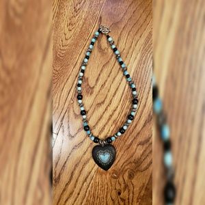 Turquoise, black , and silver heart necklace